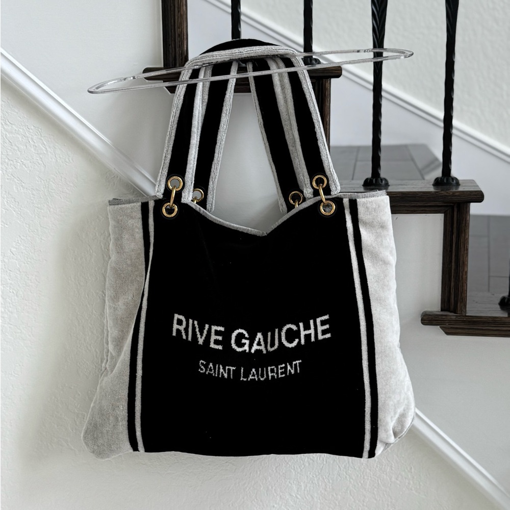Saint Laurent Black and White Rive Gauche Canvas Tote - Picture 9 of 12
